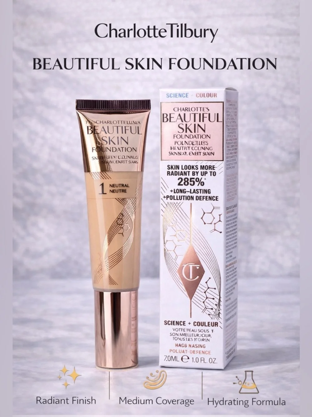 Charlotte Tilbury Beautiful Skin Foundation 1 Neutral 30ml Full Size NIB